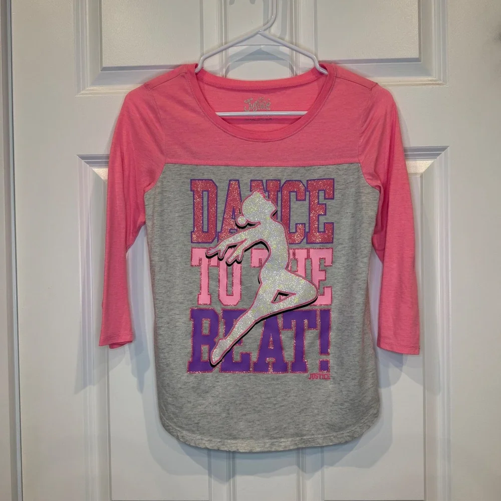 Justice Girls Pink Gray Dance To The Beat 3/4 Sleeve Shirt Size 14